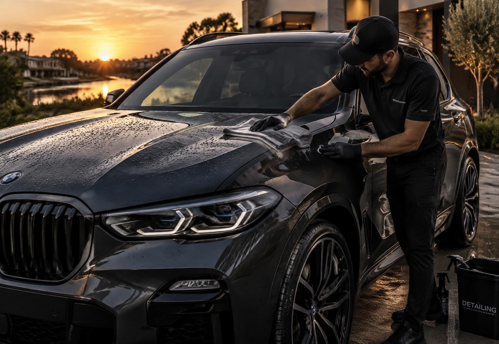 Detailer secando una SUV de alta gama a domicilio en Nordelta